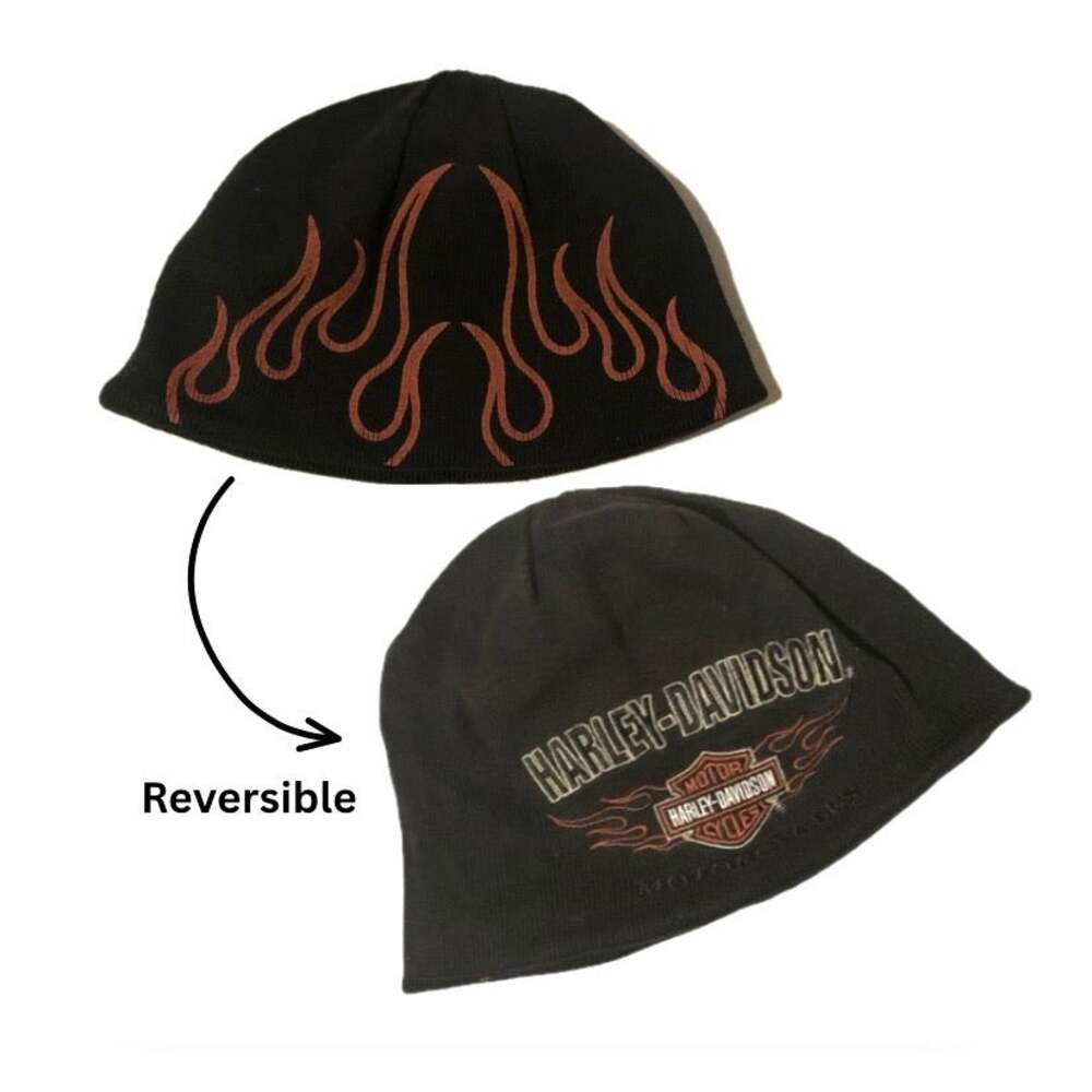 Y2K Harley-Davidson Reversible Black Flame Logo Beanie Hat